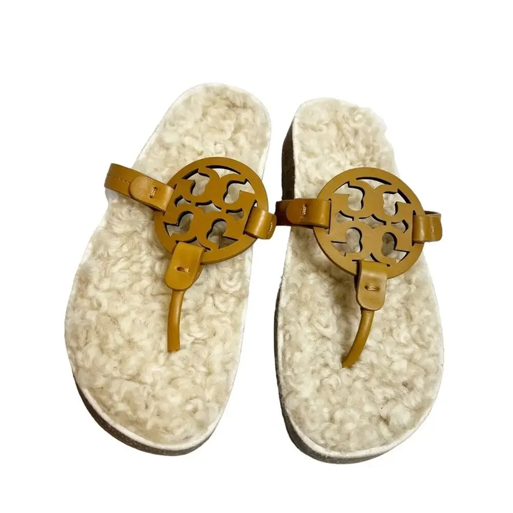 Tory Burch Miller shearling cloud sandal  Caramel Corn Buttermilk‎ Sz 8